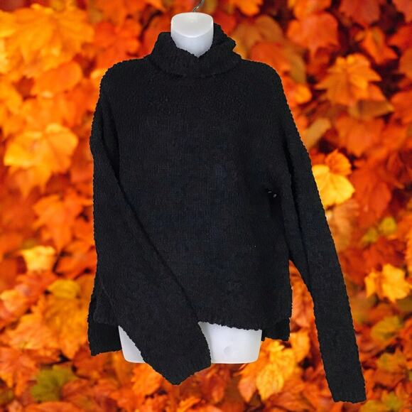 Bobeau Women’s Large Black Popcorn Knit Turtleneck Sweater Hi-Low Hem NWOT - Picture 3 of 13